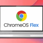 Vector illustration of a Chromebook with a colorful background, displaying the 'ChromeOS Flex' logo on the screen. Featured in an article on how to turn an old laptop into a Chromebook using ChromeOS Flex.