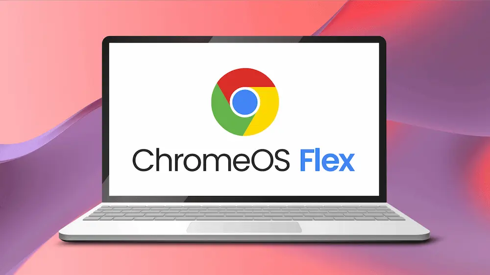 Vector illustration of a Chromebook with a colorful background, displaying the 'ChromeOS Flex' logo on the screen. Featured in an article on how to turn an old laptop into a Chromebook using ChromeOS Flex.