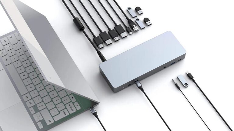 Chromebook connected to a multi-port hub with various cables, featured in the 'Essential Accessories for Your Chromebook' article